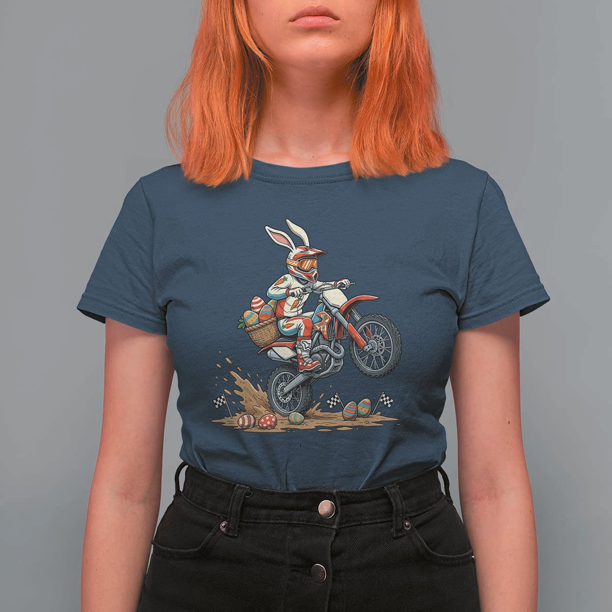 Easter Bunny Dirt Bike Rider Funny Motocross Rabbit Graphic T Shirt For Women Cool Off Road Racing Egg Hunt