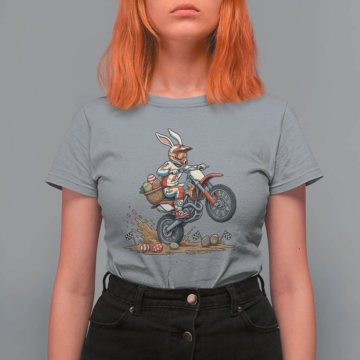 Easter Bunny Dirt Bike Rider Funny Motocross Rabbit Graphic T Shirt For Women Cool Off Road Racing Egg Hunt
