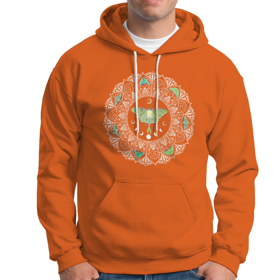 Women's orange moth mandala hoodie with front pocket and drawstring hood.