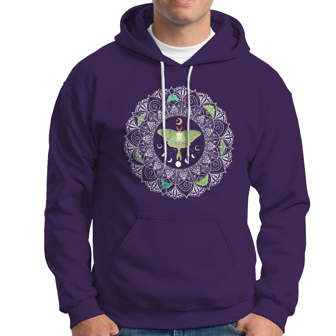 Women's purple moth mandala hoodie with front pocket and drawstring hood.