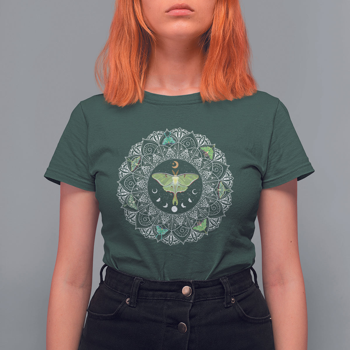 Dark green women’s T-shirt with circular luna moth mandala insect graphic