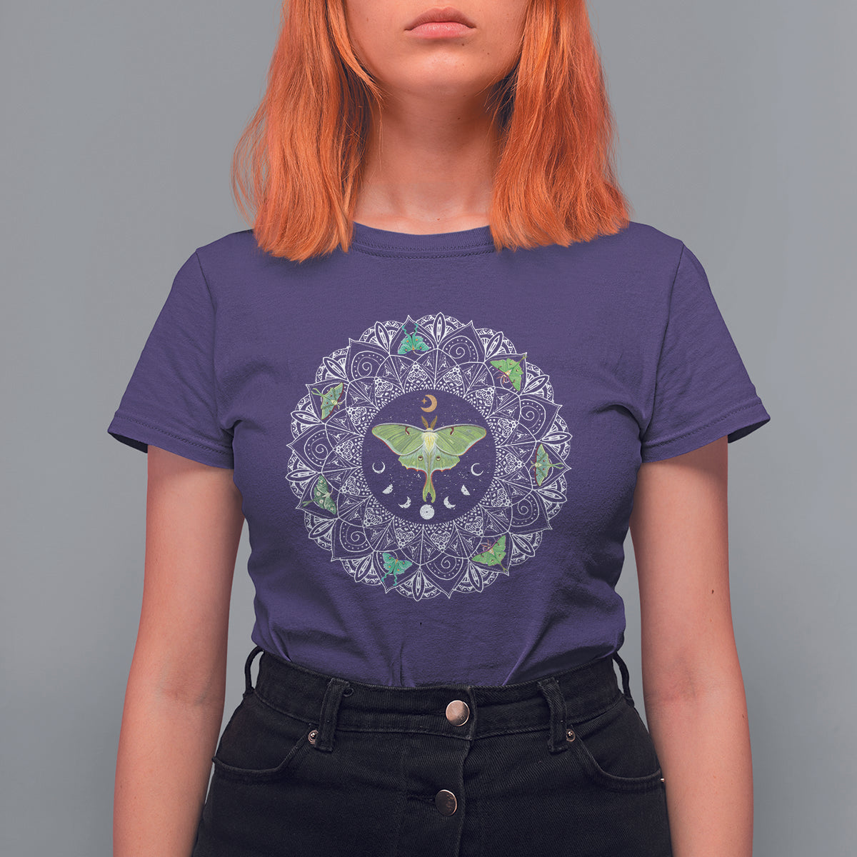 Purple women’s T-shirt, upper-body view, with circular luna moth mandala insect graphic