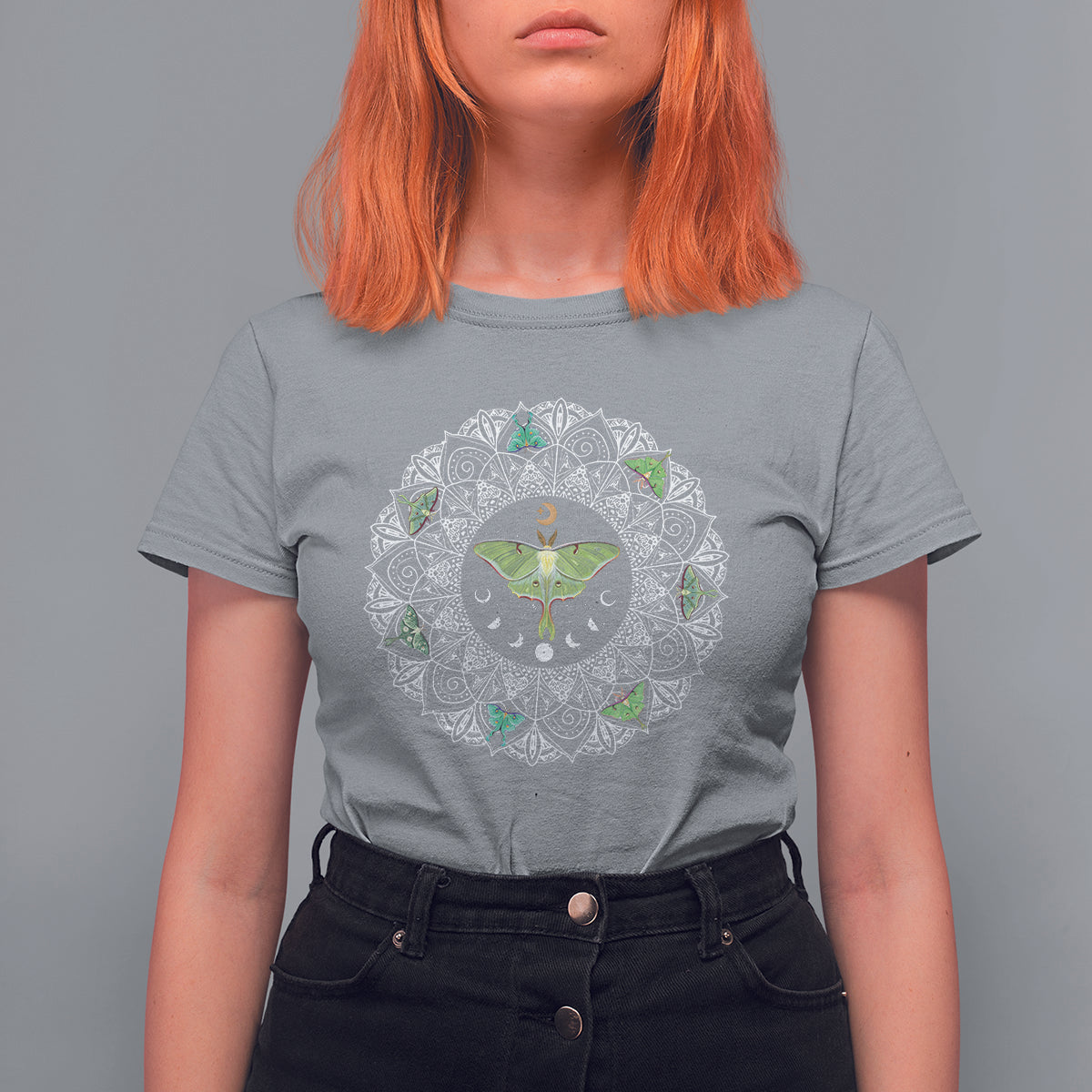 Gray women’s T-shirt with circular luna moth mandala insect graphic
