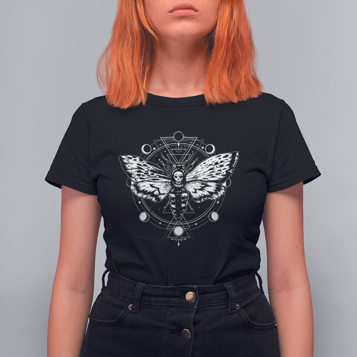 Women’s black graphic t-shirt with moth and moon phase mandala artwork, short sleeves