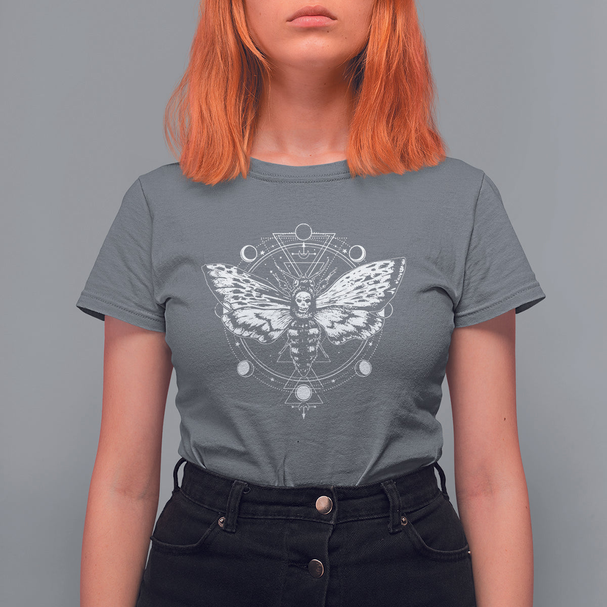 Women’s charcoal gray graphic t-shirt with moth and moon phase mandala artwork, short sleeves