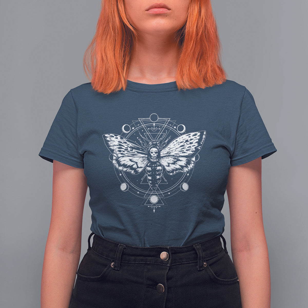 Women’s navy graphic t-shirt with moth and moon phase mandala artwork, short sleeves