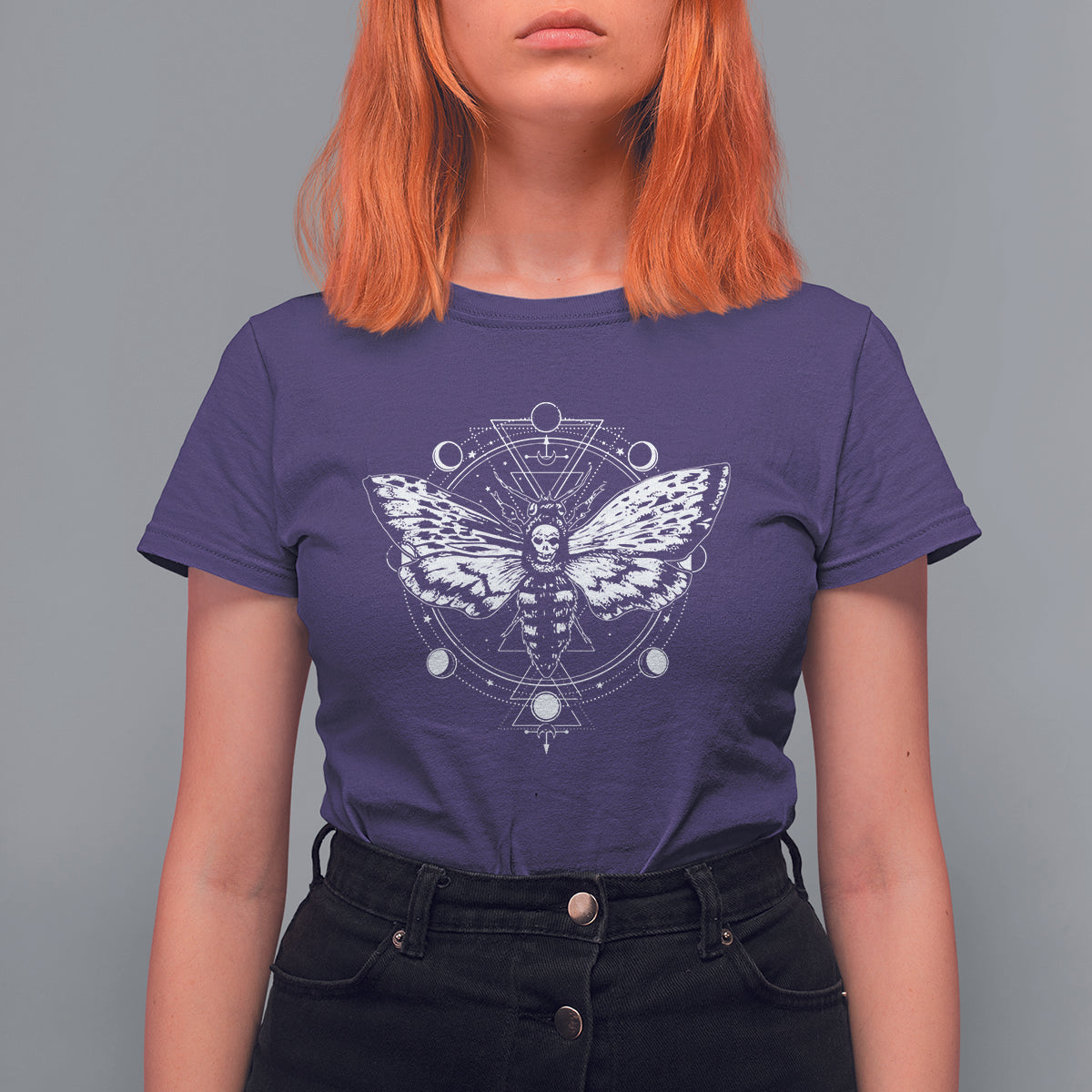 Women’s purple graphic t-shirt with moth and moon phase mandala artwork, short sleeves