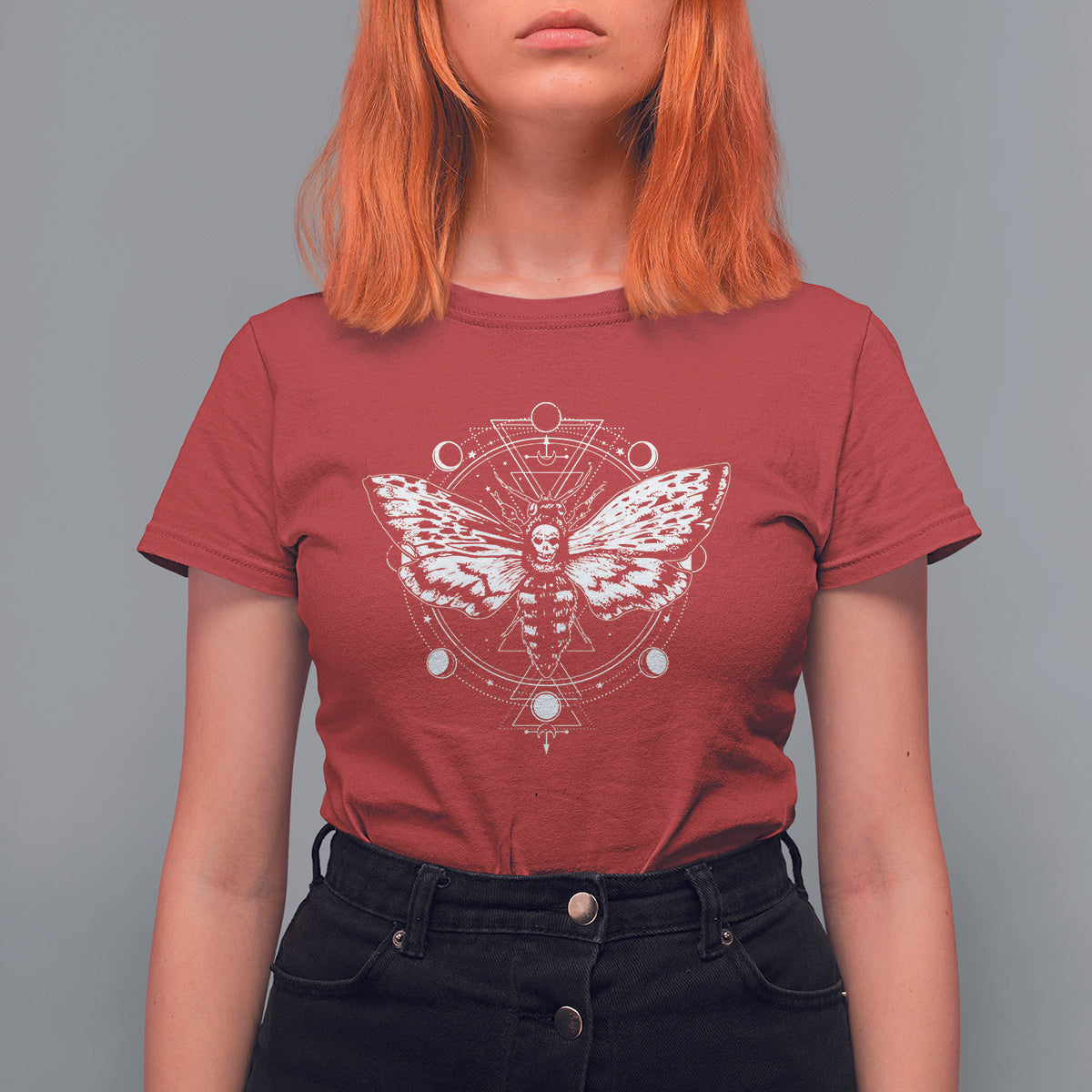 Women’s red graphic t-shirt with moth and moon phase mandala artwork, short sleeves