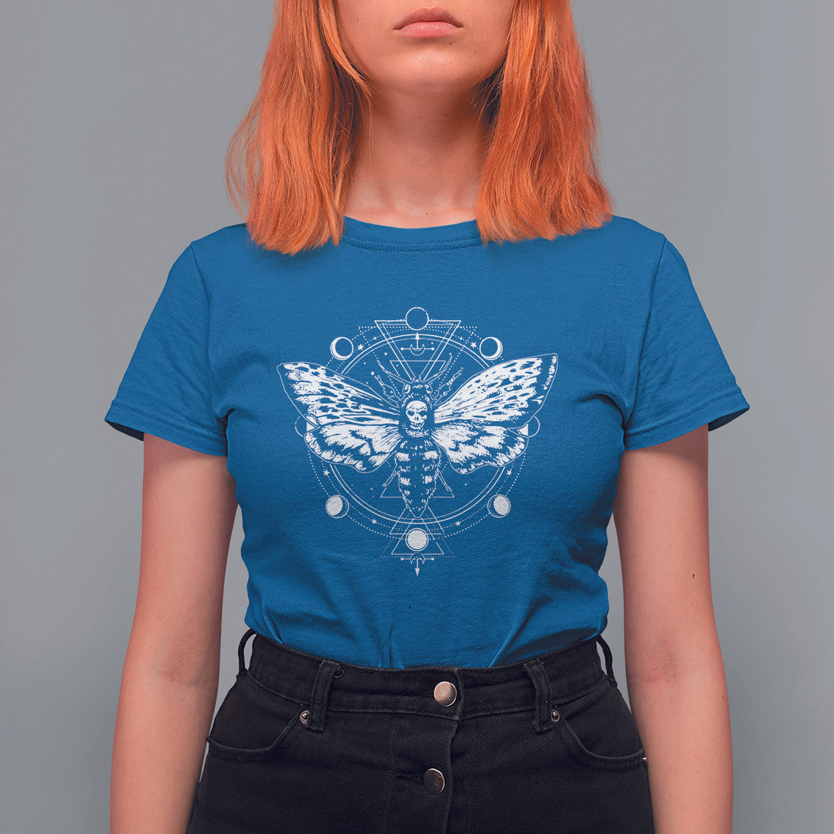 Women’s royal blue graphic t-shirt with moth and moon phase mandala artwork, short sleeves