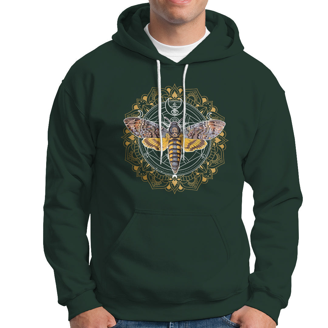 Dark forest green pullover hoodie with hood drawstrings, kangaroo pocket, and moth mandala graphic
