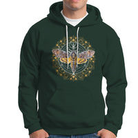 Dark forest green pullover hoodie with hood drawstrings, kangaroo pocket, and moth mandala graphic
