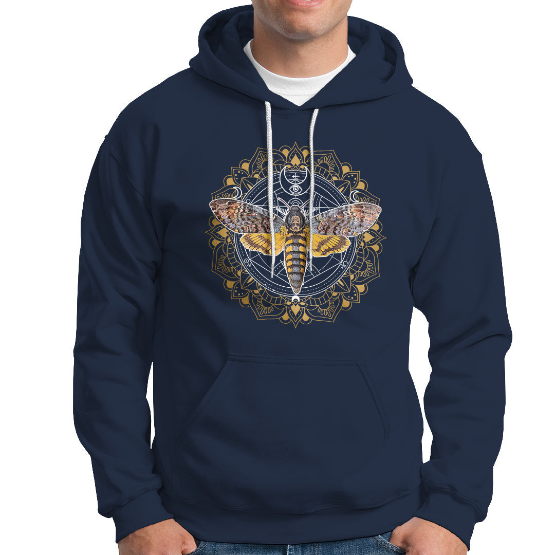 Navy pullover hoodie with hood drawstrings, kangaroo pocket, and moth mandala graphic on chest