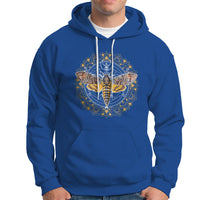 Royal blue pullover hoodie with hood drawstrings, kangaroo pocket, and moth mandala graphic on chest