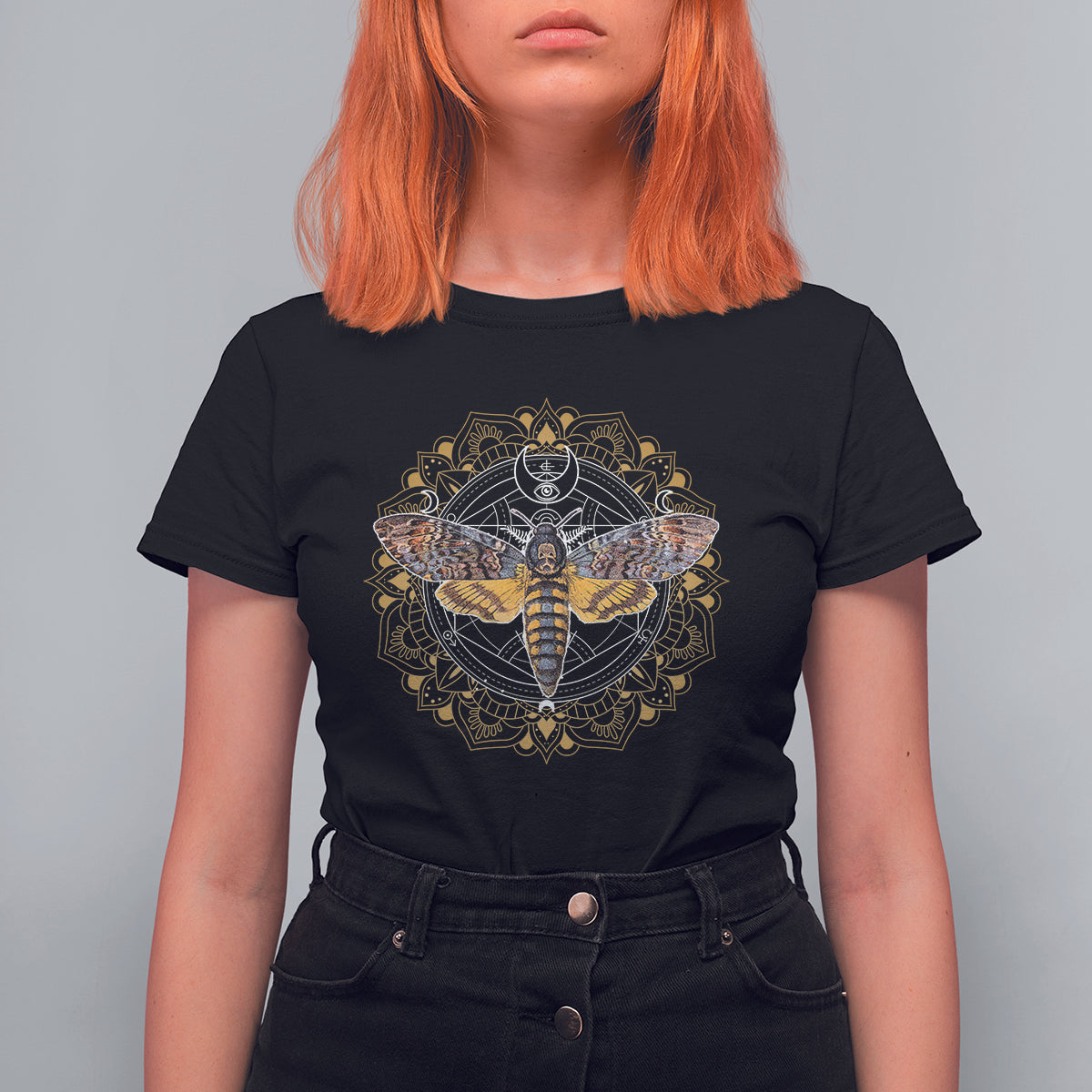 Black women's graphic T-shirt with ornate moth mandala and winged insect design