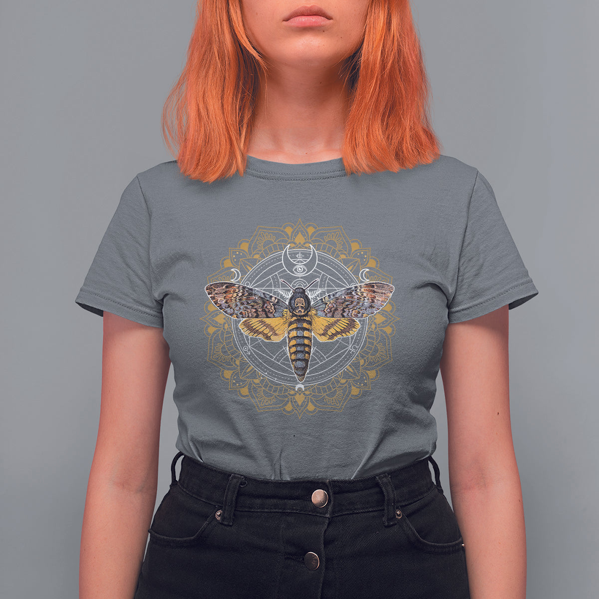 Gray women's graphic T-shirt with moth mandala insect artwork at the chest