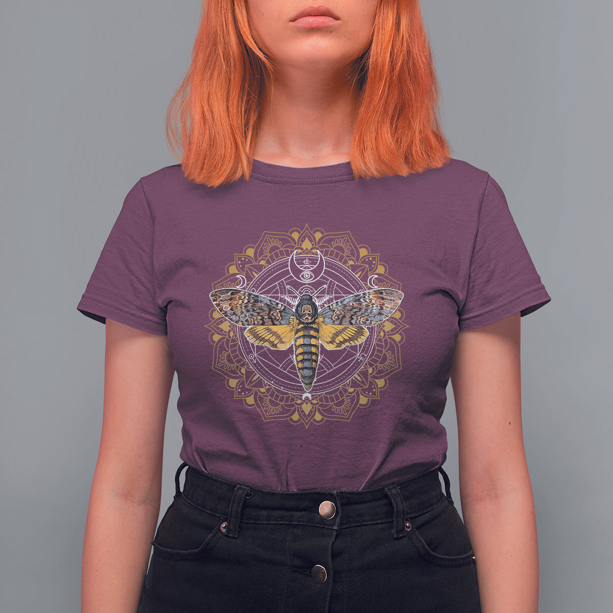 Purple women's graphic T-shirt with detailed moth mandala and insect emblem
