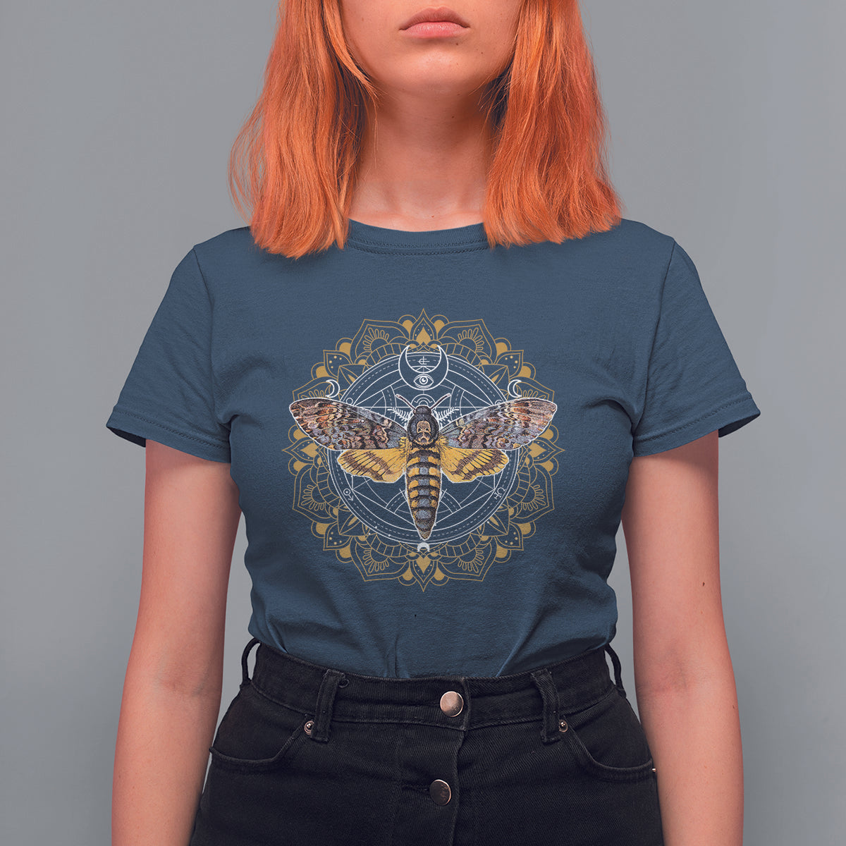 Navy women's graphic T-shirt with moth mandala insect artwork at center