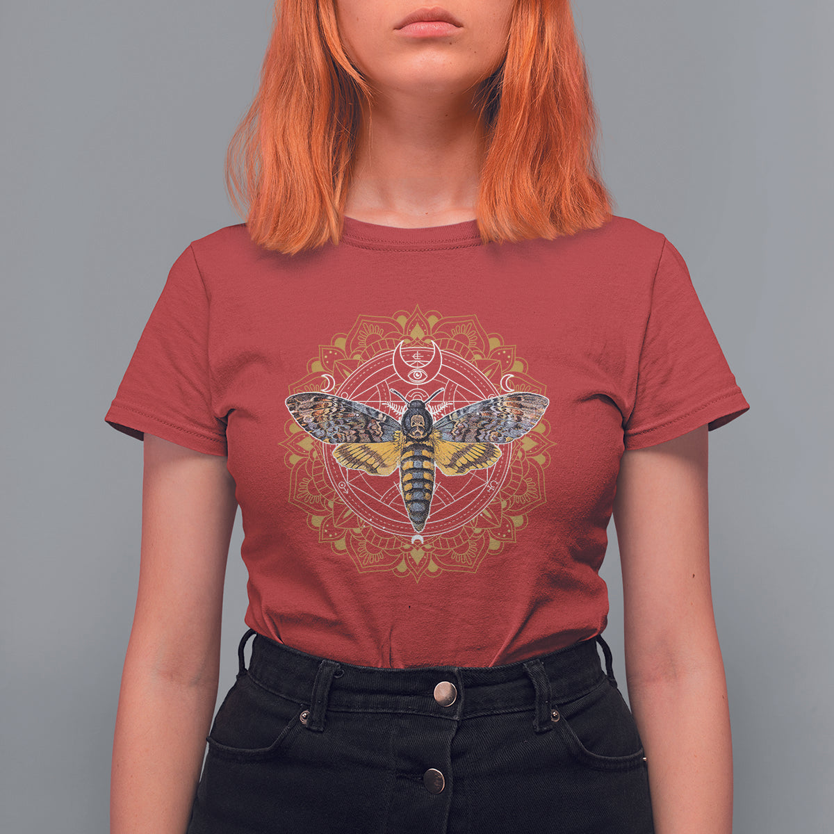 Red women's graphic T-shirt with central moth mandala and decorative insect design
