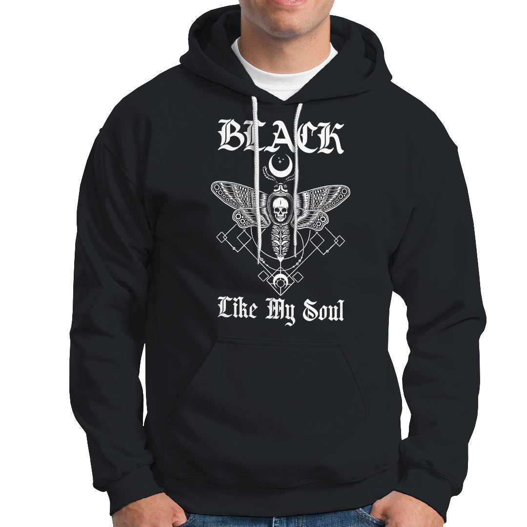 Black hoodie with moth-and-skull graphic and gothic “Like My Soul” print.
