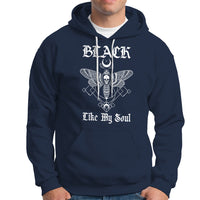 Navy hoodie with moth-and-skull graphic and gothic “Like My Soul” print.