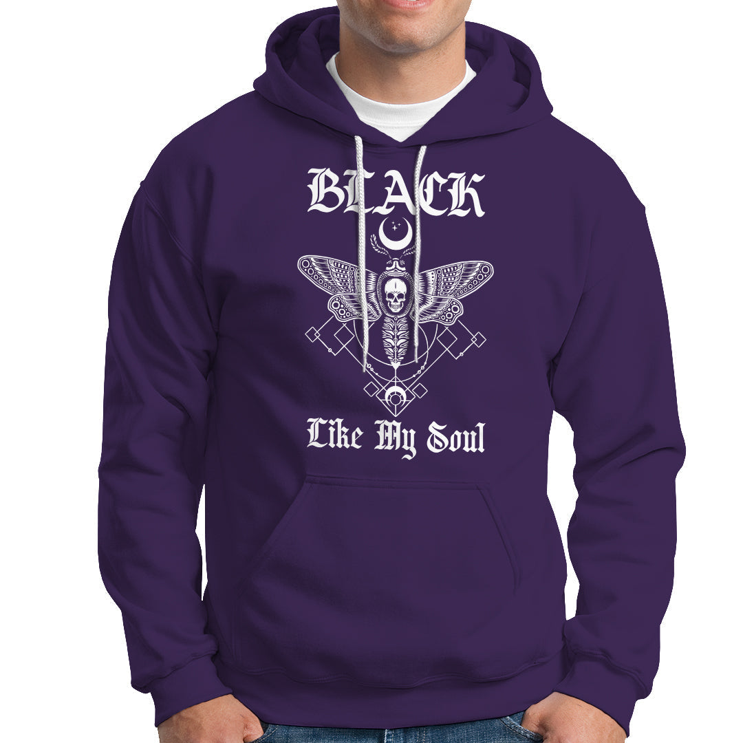 Purple hoodie with moth-and-skull graphic and gothic “Like My Soul” print.