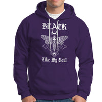 Purple hoodie with moth-and-skull graphic and gothic “Like My Soul” print.