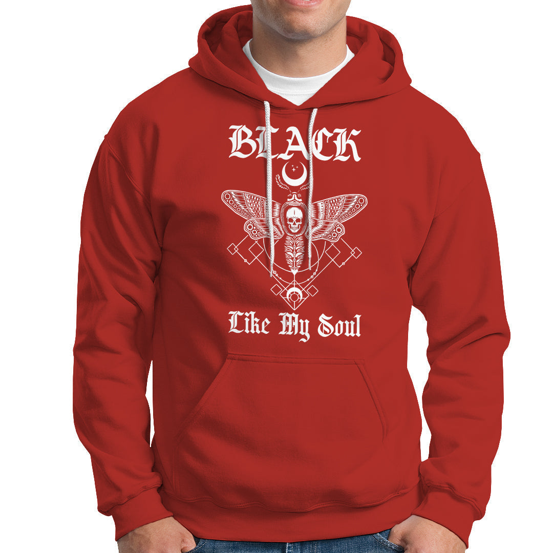 Red hoodie with moth-and-skull graphic and gothic “Like My Soul” print.