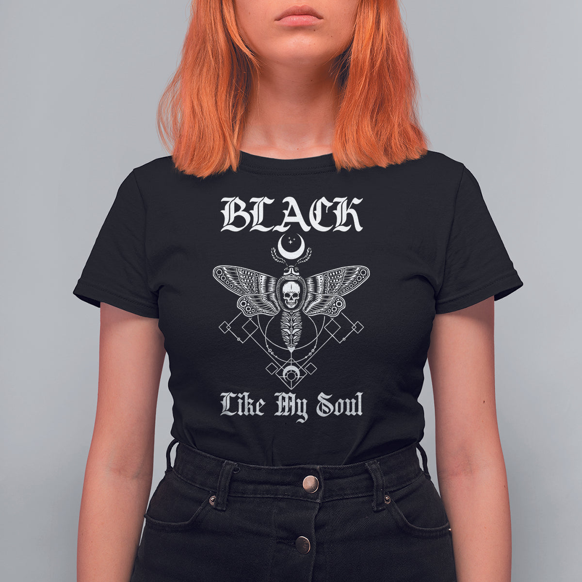 Women's black graphic moth t-shirt with skull moth emblem and 'Like My Soul' text