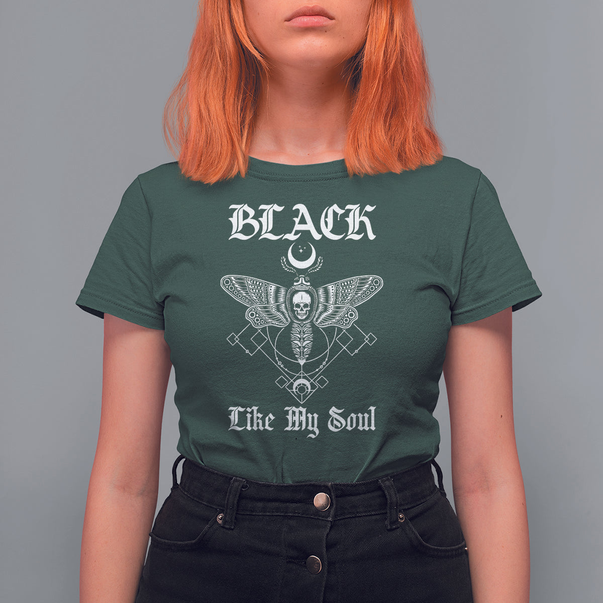 Women's dark forest green graphic moth t-shirt with skull moth emblem and 'Like My Soul' text