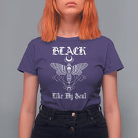 Women's dark purple graphic moth t-shirt with skull moth emblem and 'Like My Soul' text