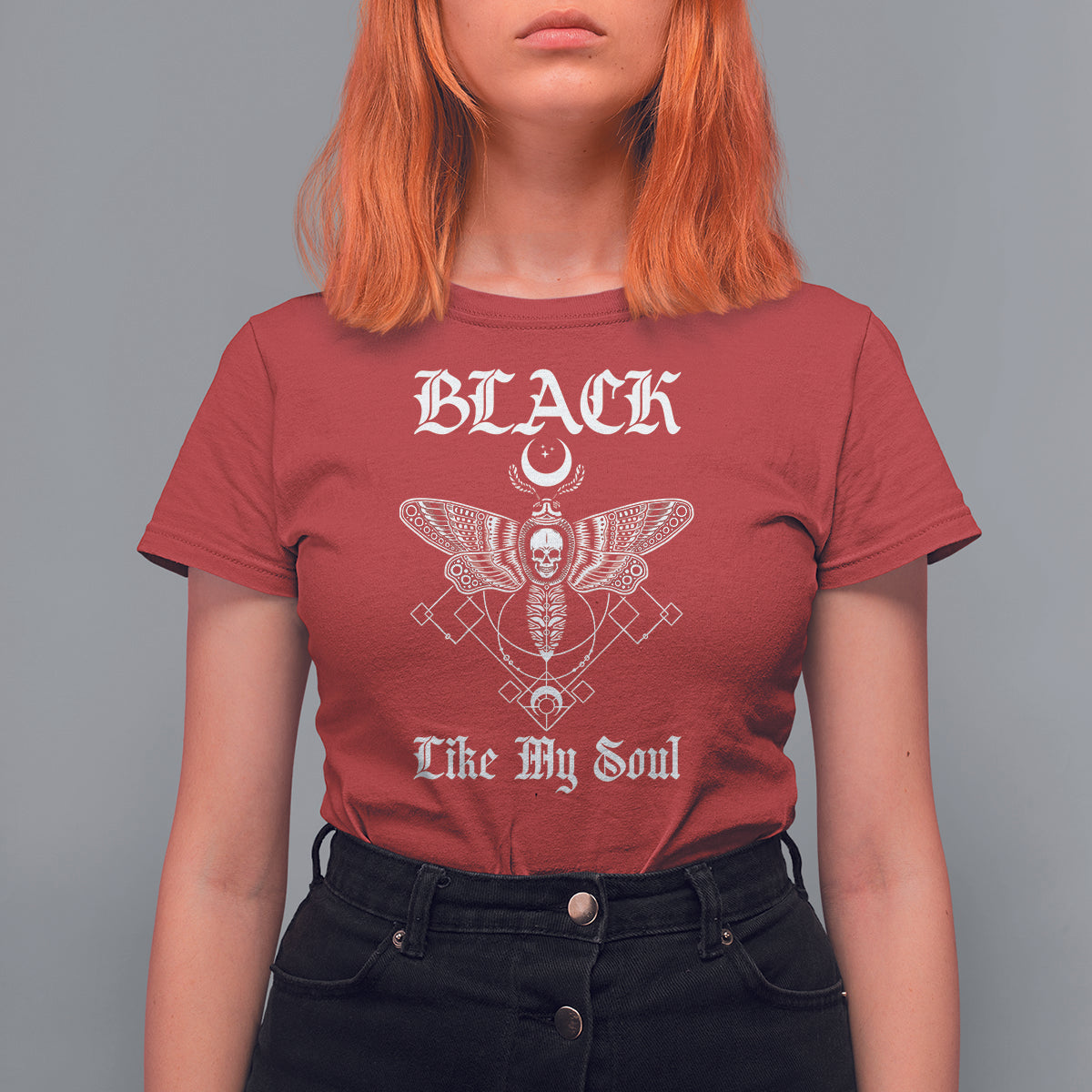 Women's maroon graphic moth t-shirt with skull moth emblem and 'Like My Soul' text