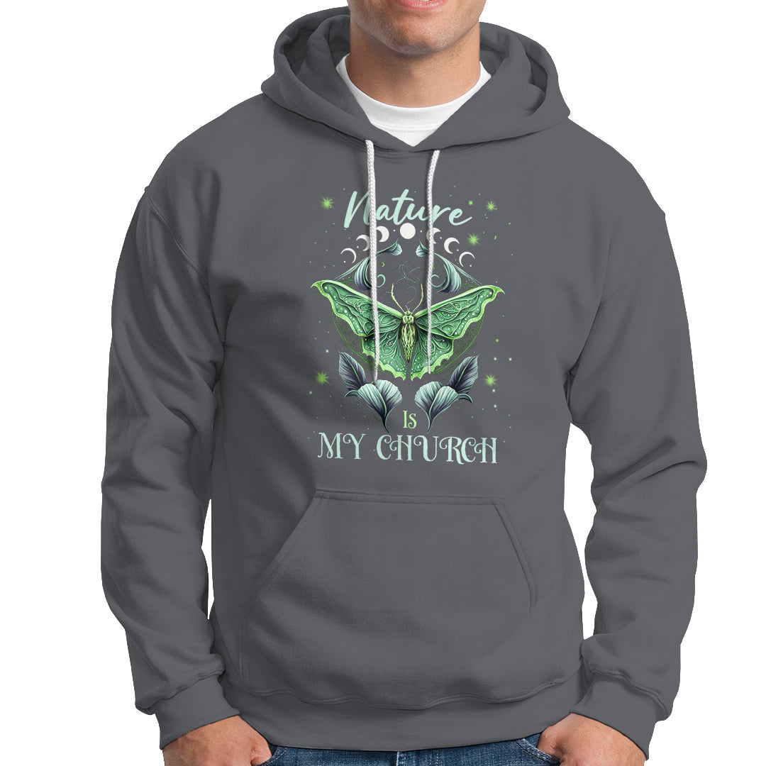Charcoal gray pullover hoodie with green moth graphic and front pocket