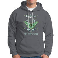 Charcoal gray pullover hoodie with green moth graphic and front pocket