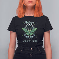 Women's black graphic t-shirt with green moth and “Nature is My Church” text