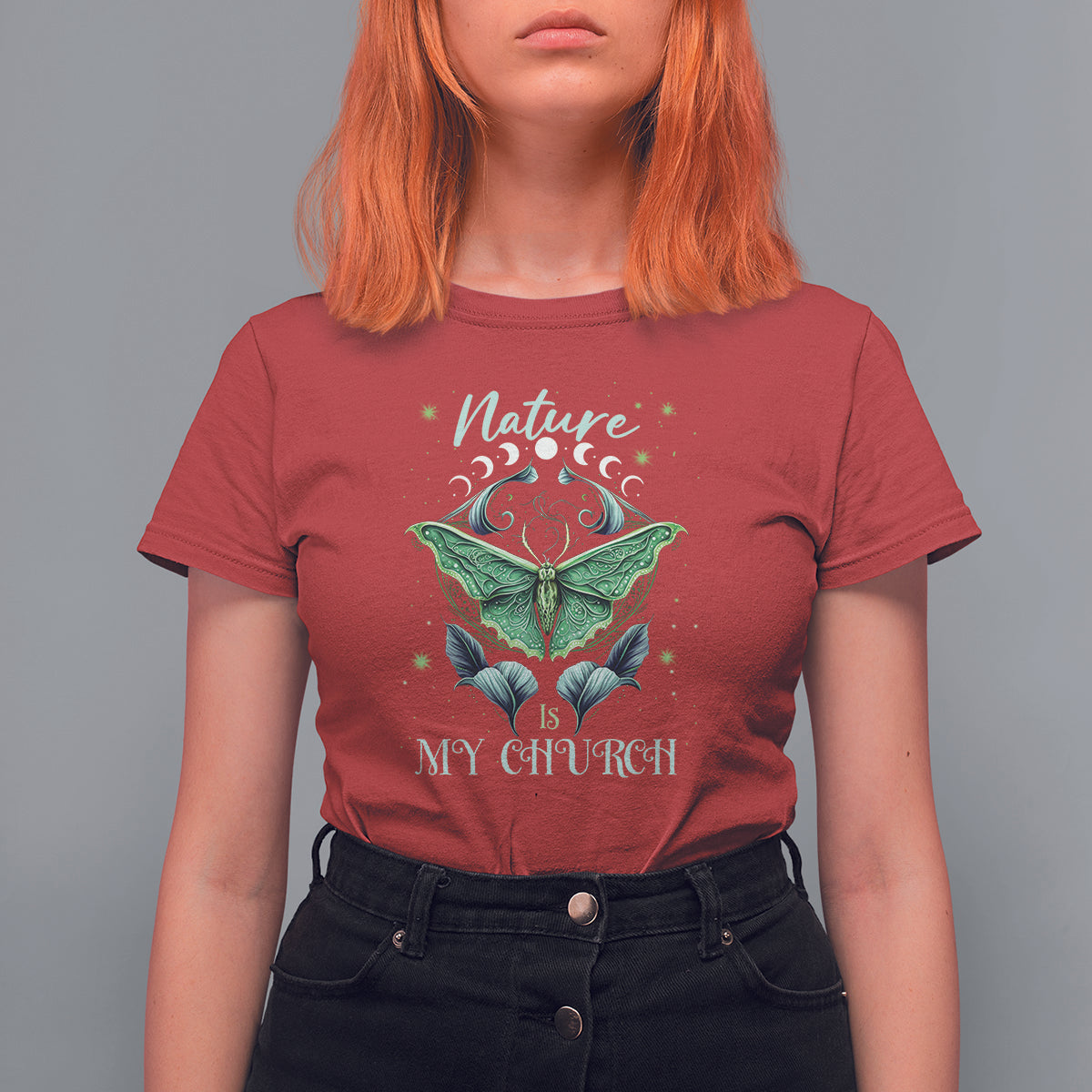 Women's red graphic t-shirt with green moth and “Nature is My Church” text