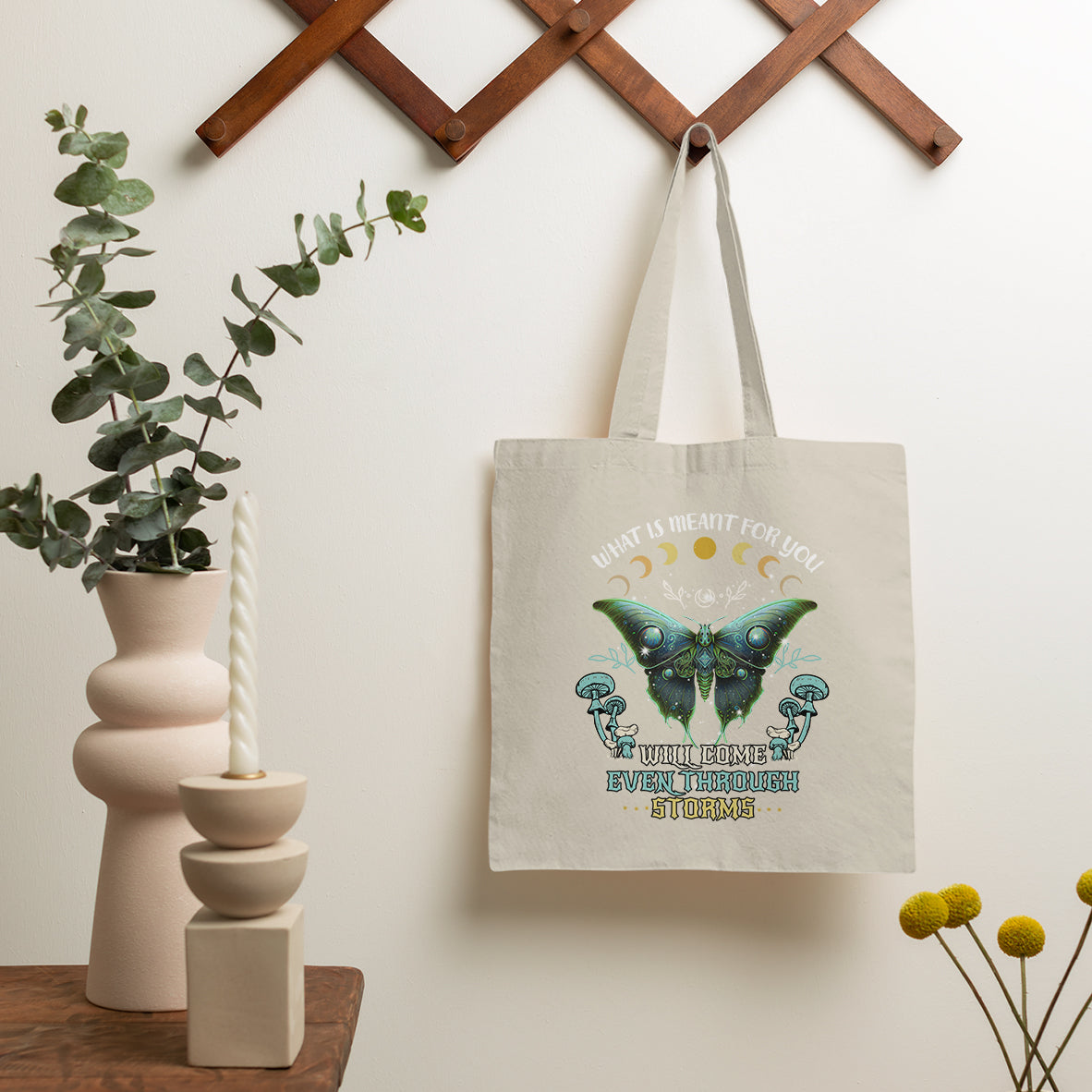 Cottagecore Celestial Boho Luna Moth Tote Bag, What Is Meant For You Will Come Even Through Storms Goblincore Mushroom Tote Bag for Women Tote Bag - Wonder Print Shop
