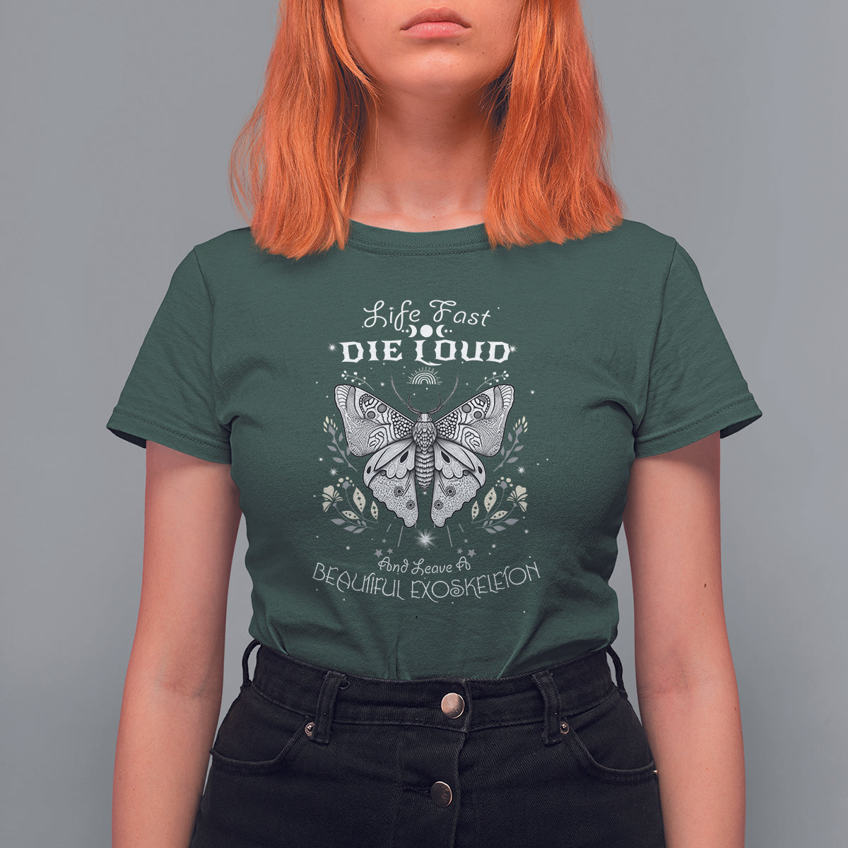 Women’s dark green graphic T-shirt with celestial moth and “Die Loud” slogan