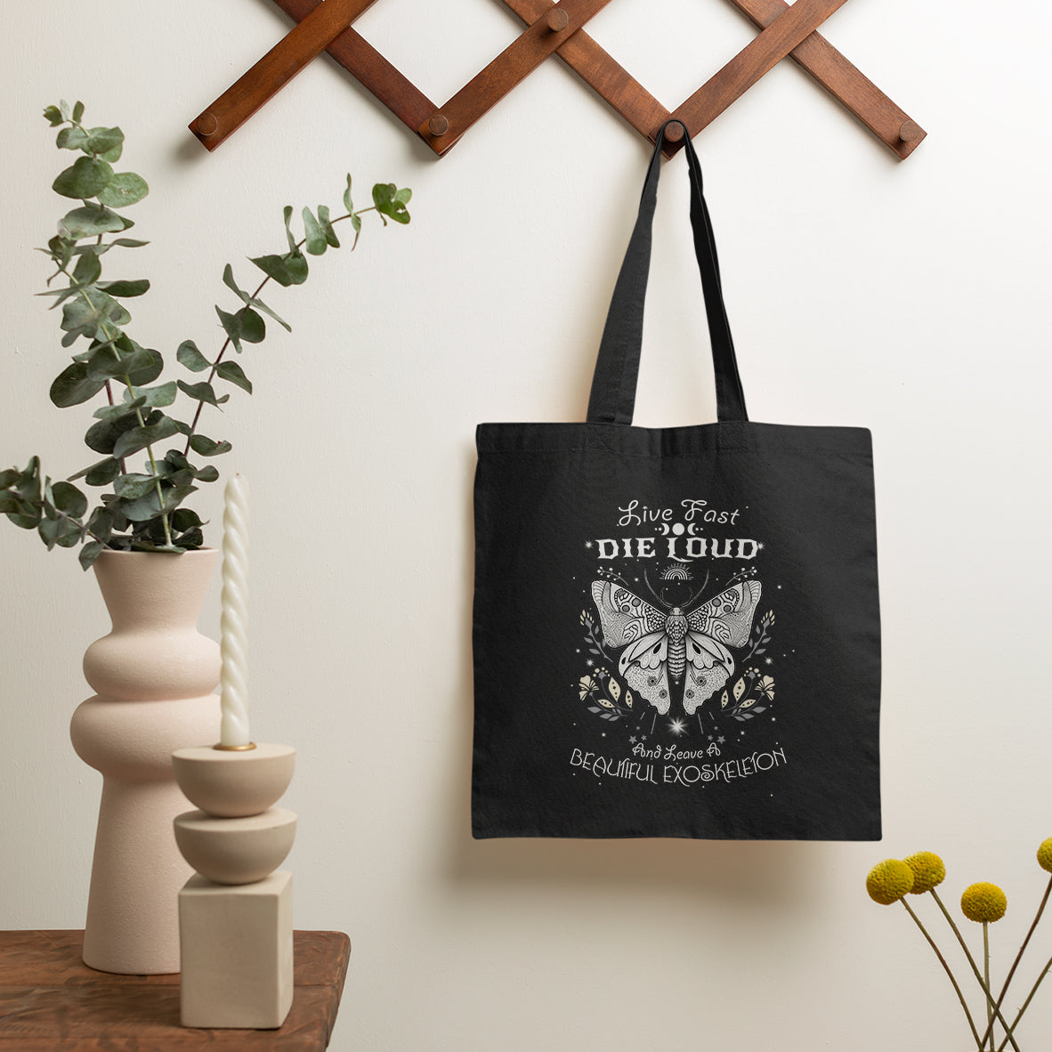 Live Fast Die Loud Leave A Beautiful Exoskeleton Celestial Moth Tote Bag, Vintage Black and White Spiritual Tote Bag for Women Tote Bag - Wonder Print Shop