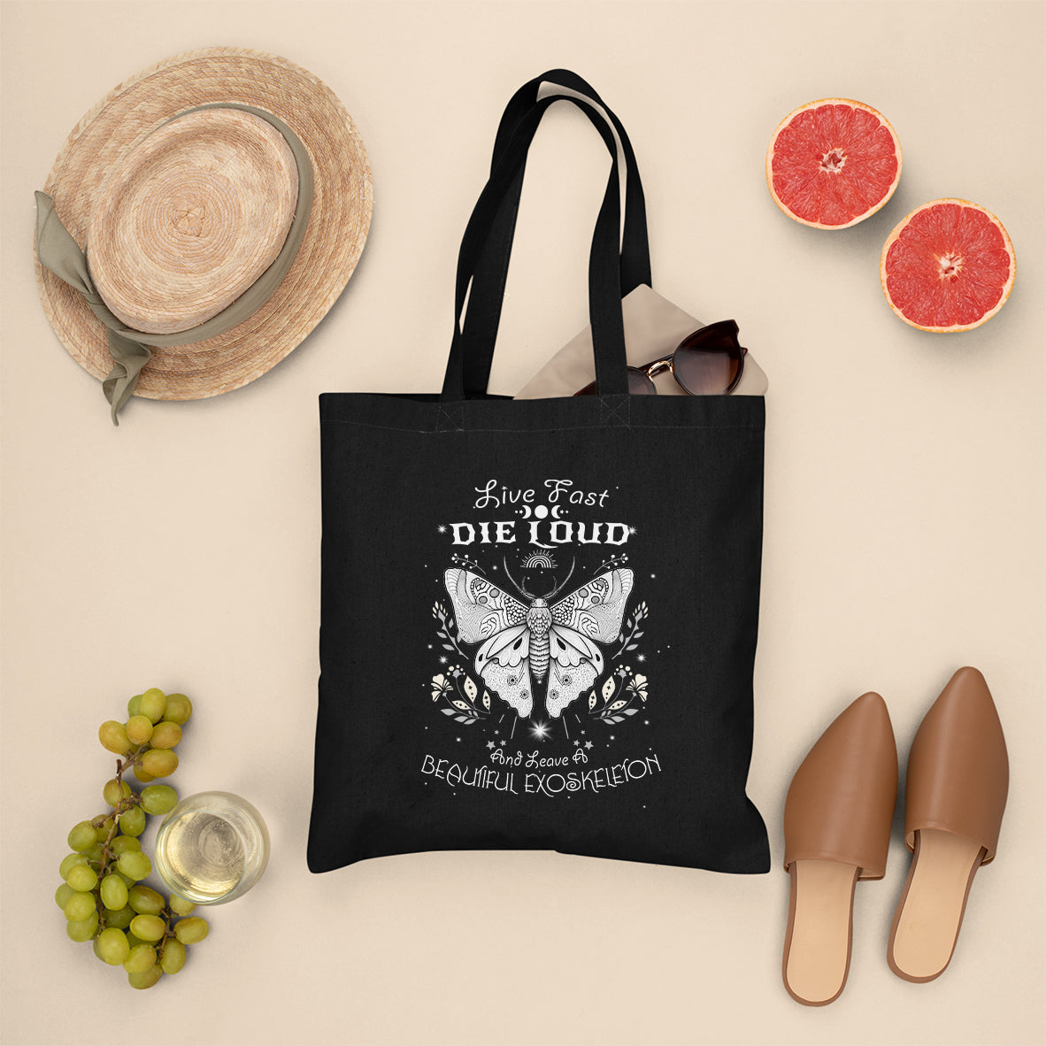 Live Fast Die Loud Leave A Beautiful Exoskeleton Celestial Moth Tote Bag, Vintage Black and White Spiritual Tote Bag for Women Tote Bag - Wonder Print Shop