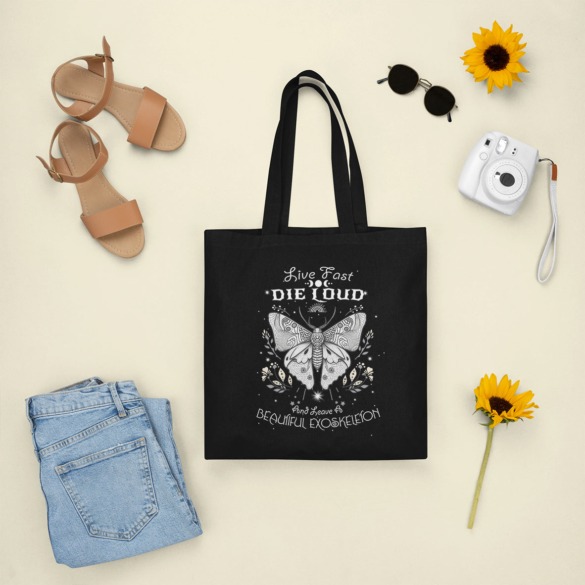 Live Fast Die Loud Leave A Beautiful Exoskeleton Celestial Moth Tote Bag, Vintage Black and White Spiritual Tote Bag for Women Tote Bag - Wonder Print Shop