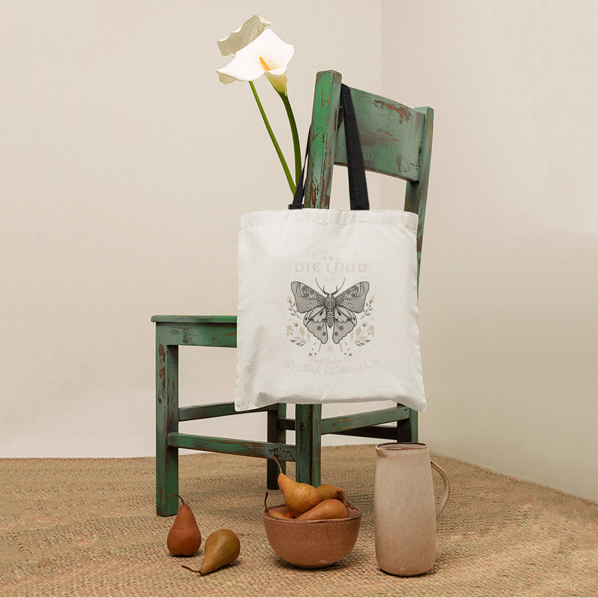 Live Fast Die Loud Leave A Beautiful Exoskeleton Celestial Moth Tote Bag, Vintage Black and White Spiritual Tote Bag for Women Tote Bag - Wonder Print Shop