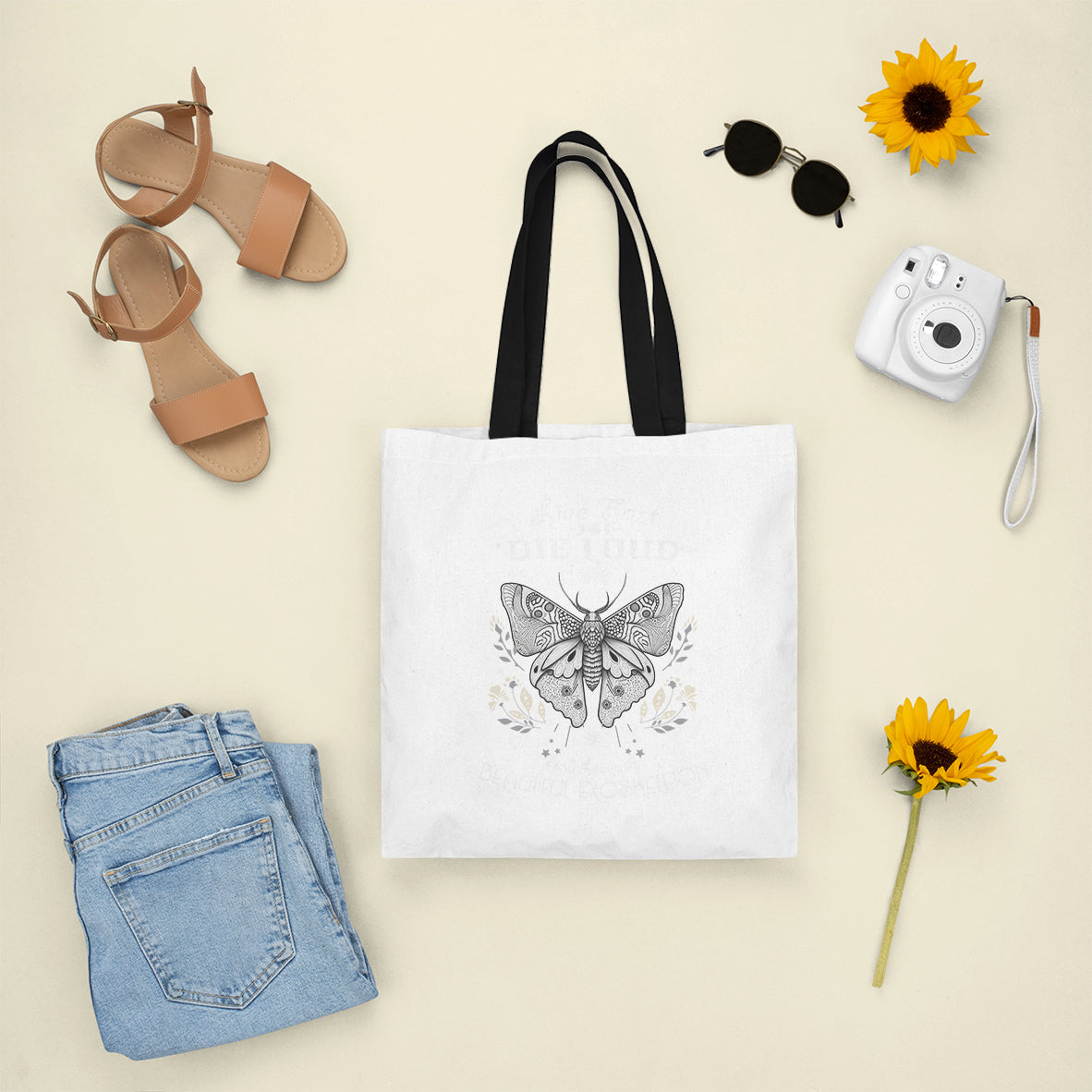 Live Fast Die Loud Leave A Beautiful Exoskeleton Celestial Moth Tote Bag, Vintage Black and White Spiritual Tote Bag for Women Tote Bag - Wonder Print Shop