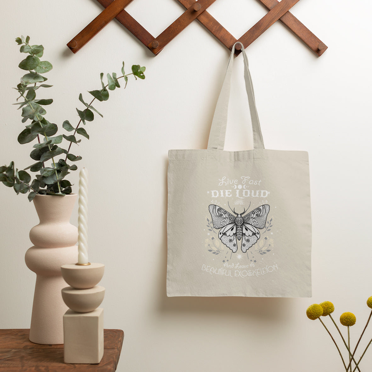 Live Fast Die Loud Leave A Beautiful Exoskeleton Celestial Moth Tote Bag, Vintage Black and White Spiritual Tote Bag for Women Tote Bag - Wonder Print Shop