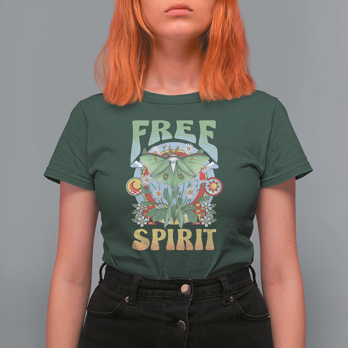 Boho Hippie Luna Moth Free Spirit Celestial Moth Graphic Retro Groovy Fairycore T-Shirt For Women, Spiritual Shirt, Moth Spirituality T Shirt For Women - Wonder Print Shop
