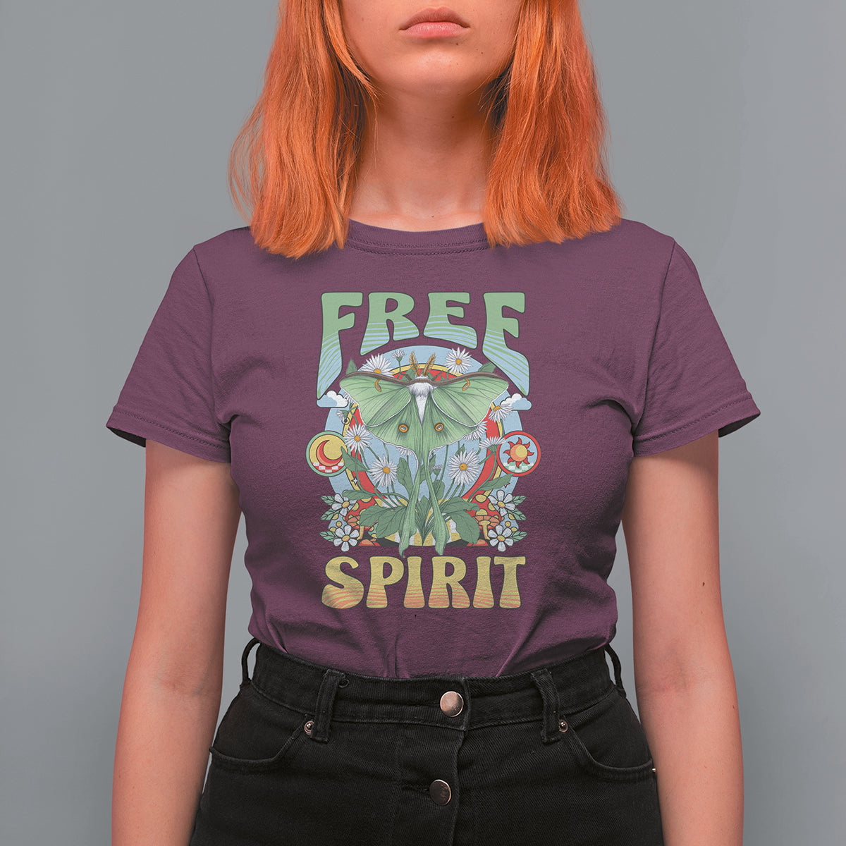 Boho Hippie Luna Moth Free Spirit Celestial Moth Graphic Retro Groovy Fairycore T-Shirt For Women, Spiritual Shirt, Moth Spirituality T Shirt For Women - Wonder Print Shop