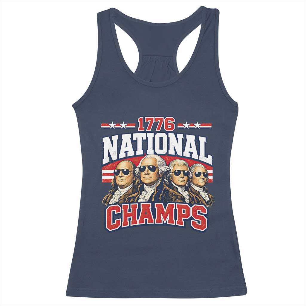 1776 National Champs Founding Fathers Graphic Racerback Tank Top Funny George Washington and Presidents Sunglasses Sports Style Patriotic