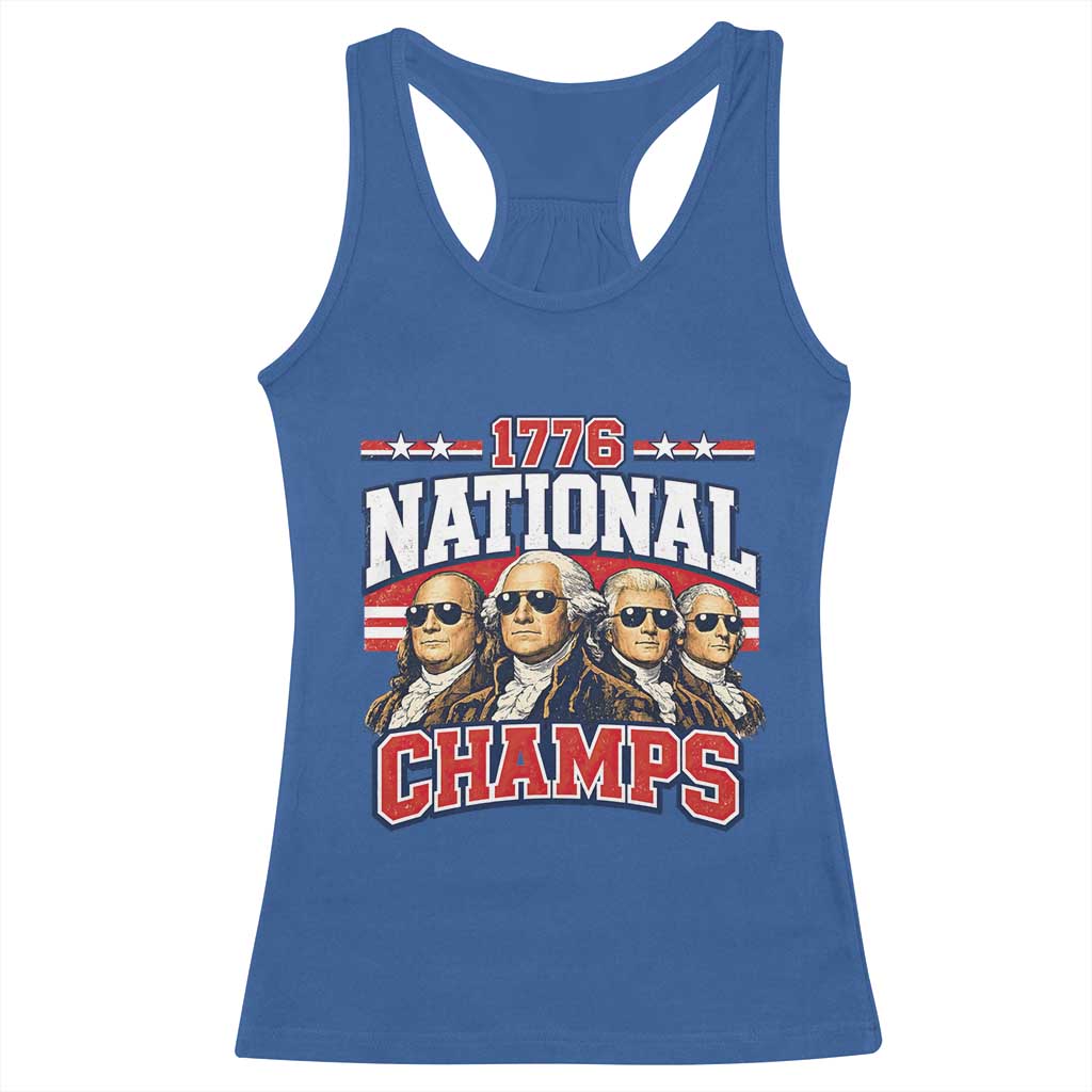 1776 National Champs Founding Fathers Graphic Racerback Tank Top Funny George Washington and Presidents Sunglasses Sports Style Patriotic