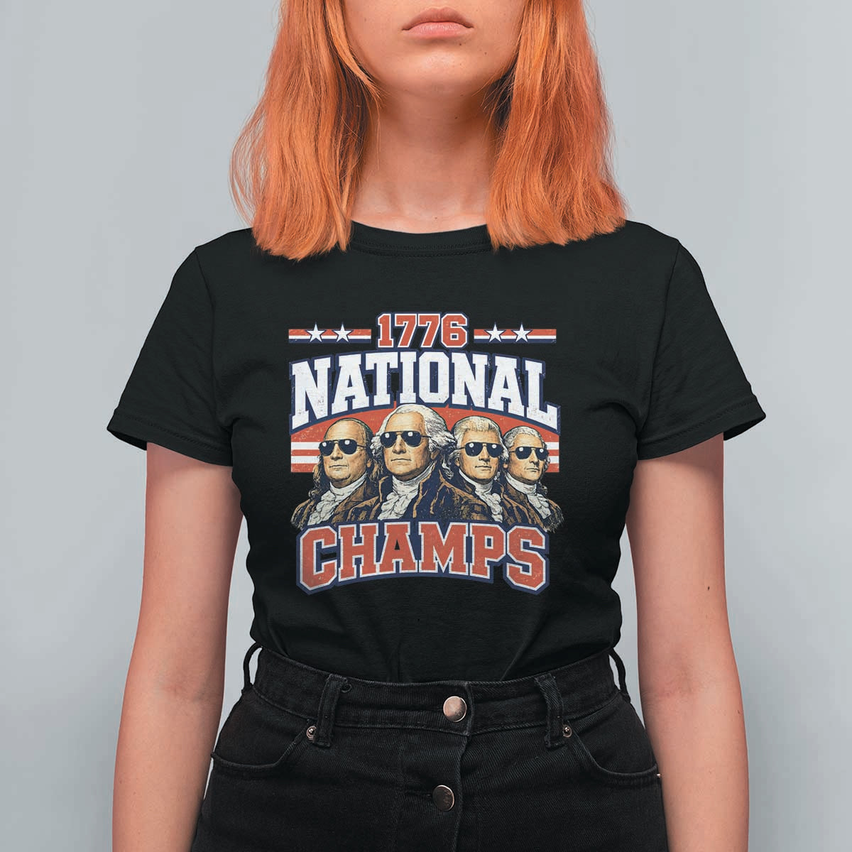 1776 National Champs Founding Fathers Graphic T Shirt For Women Funny George Washington and Presidents Sunglasses Sports Style Patriotic