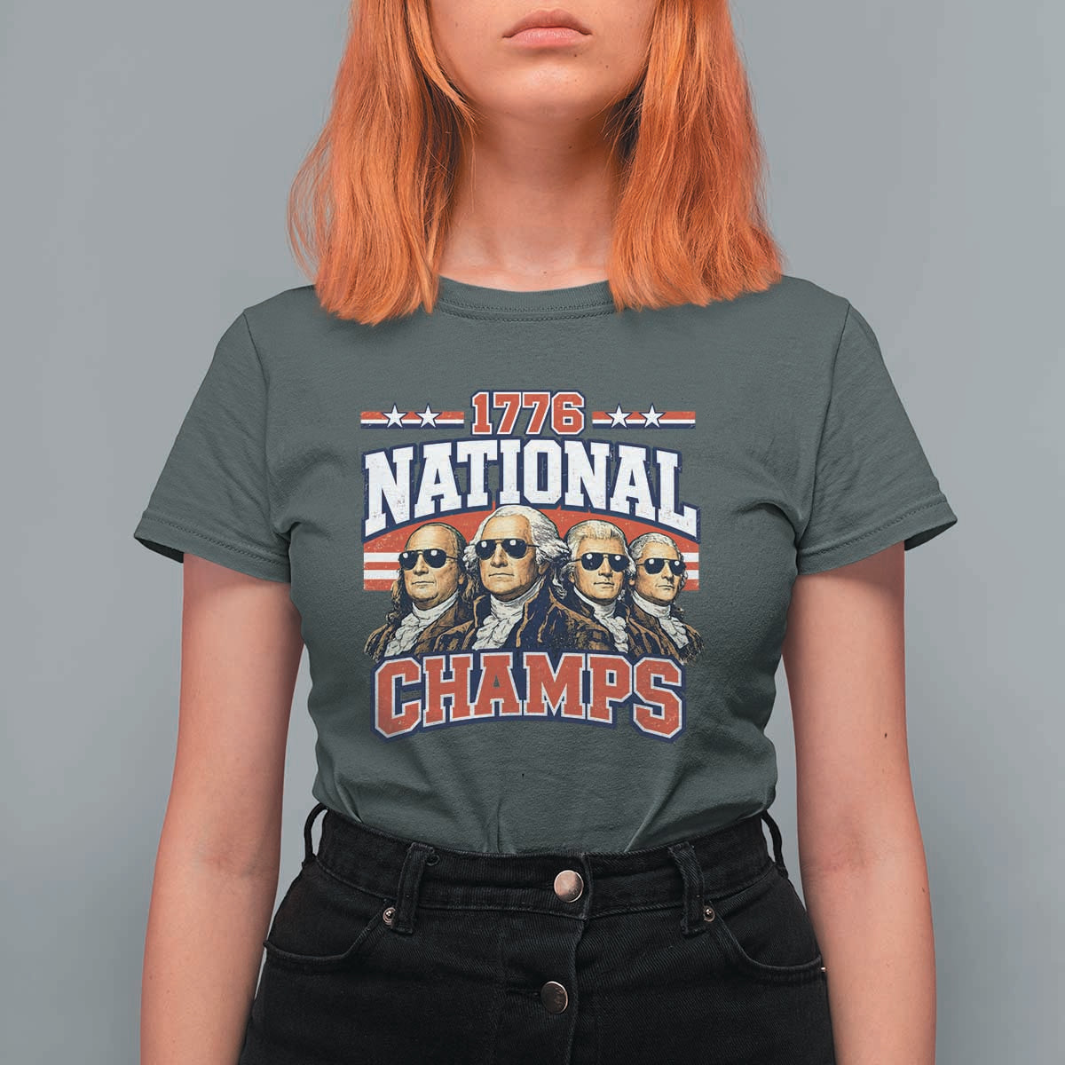 1776 National Champs Founding Fathers Graphic T Shirt For Women Funny George Washington and Presidents Sunglasses Sports Style Patriotic
