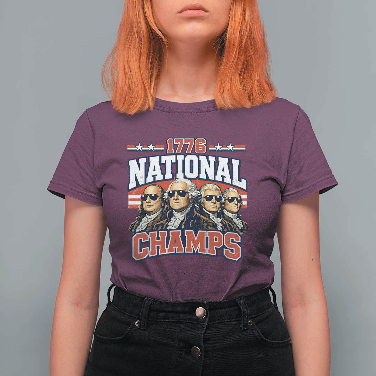 1776 National Champs Founding Fathers Graphic T Shirt For Women Funny George Washington and Presidents Sunglasses Sports Style Patriotic
